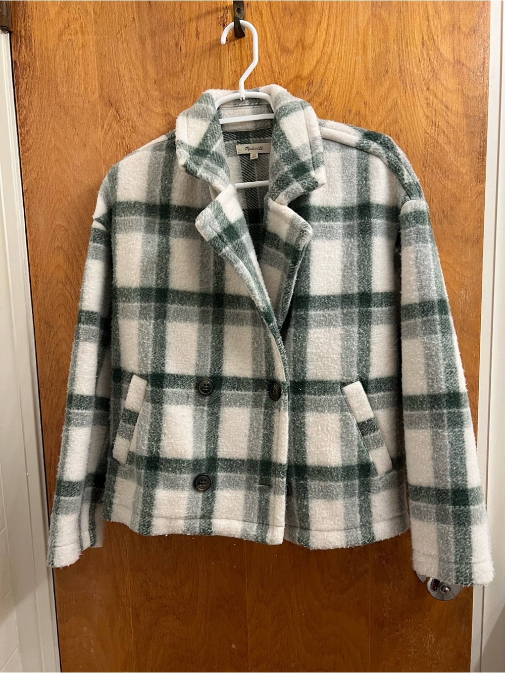 Madewell Jacquard Double Breasted Crop Blazer Green & White Plaid Size XS